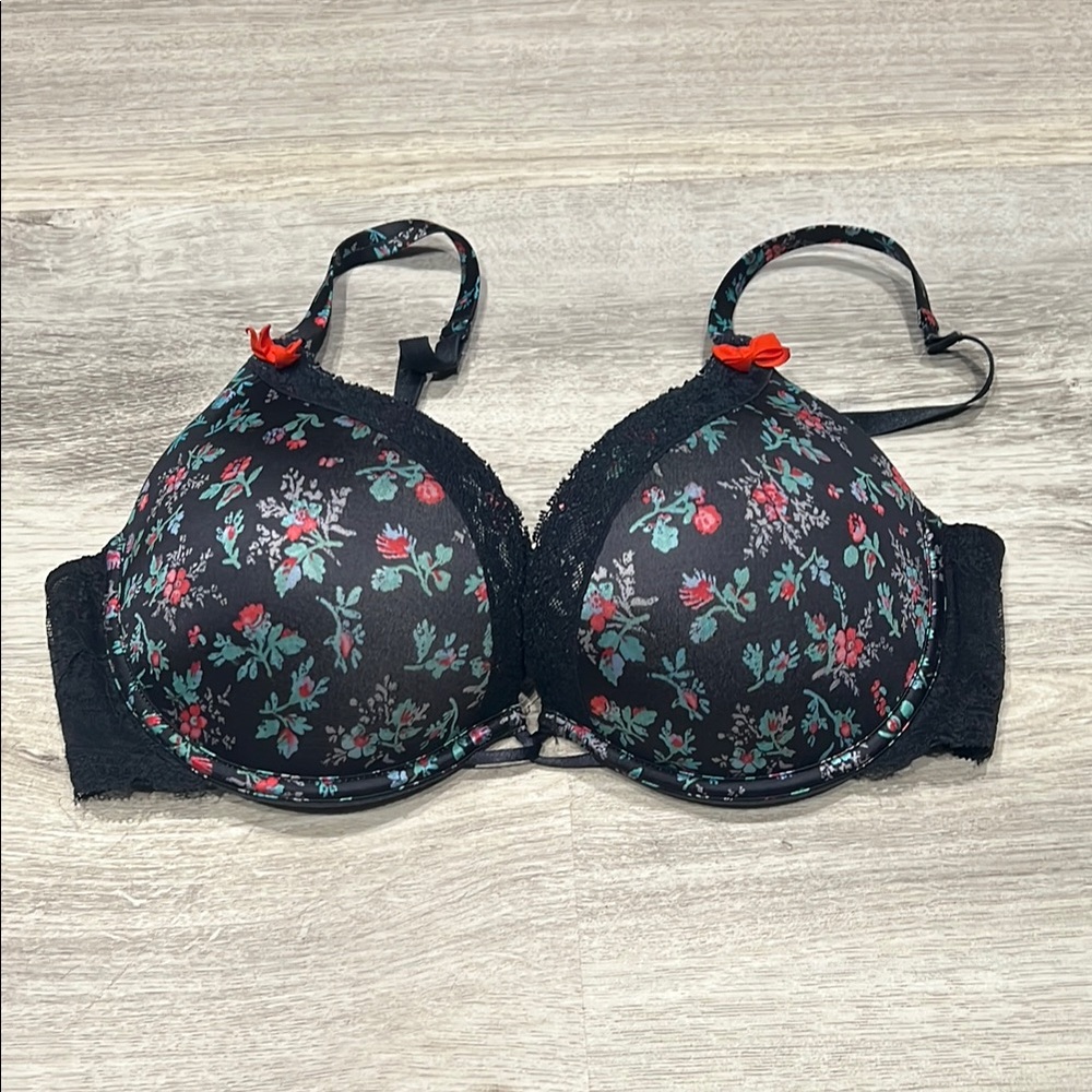 Women's Aerie Floral Black Emma Bra with Red and Green Accents